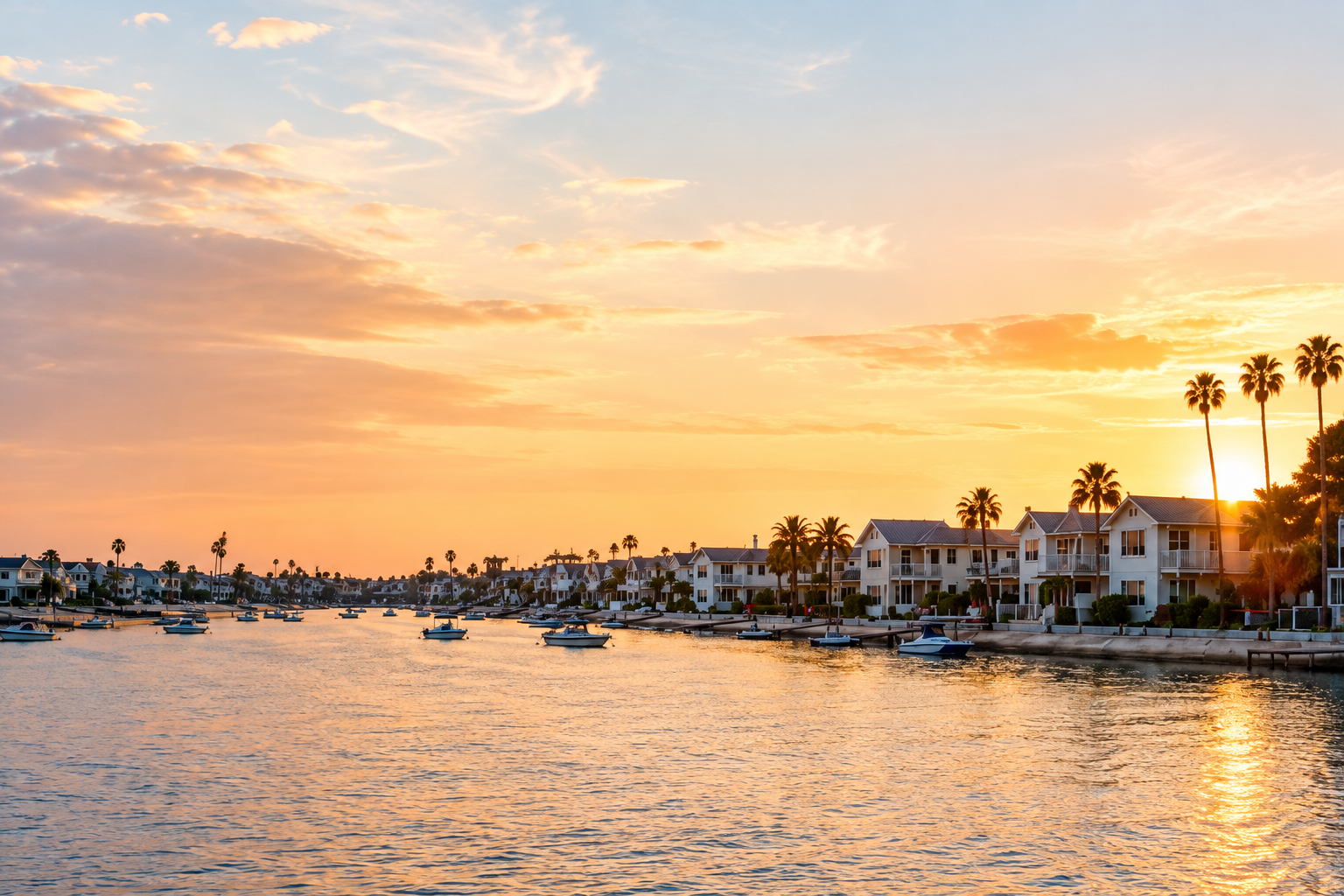 Sunset over Mission Bay with homes and palm trees along the water